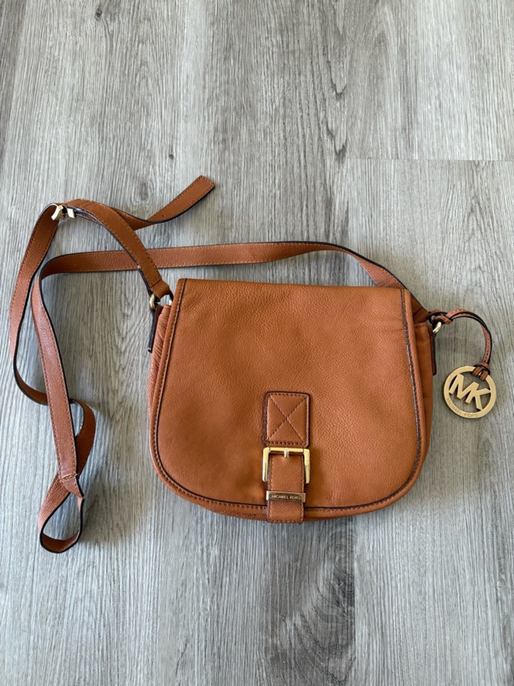 Michael Kors Brown Pebbled Leather Crossbody Saddle Bag with Gold Hardware